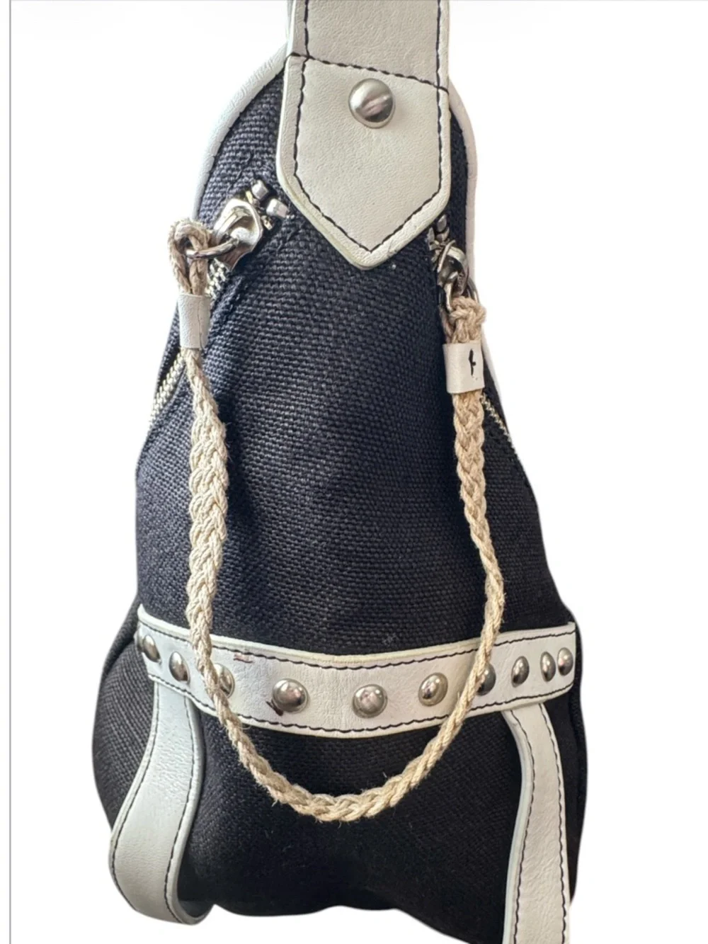 Kenneth Cole Rare Vintage Y2K Linen & Leather Jump Rope Studded Hobo Bag NWT NOS